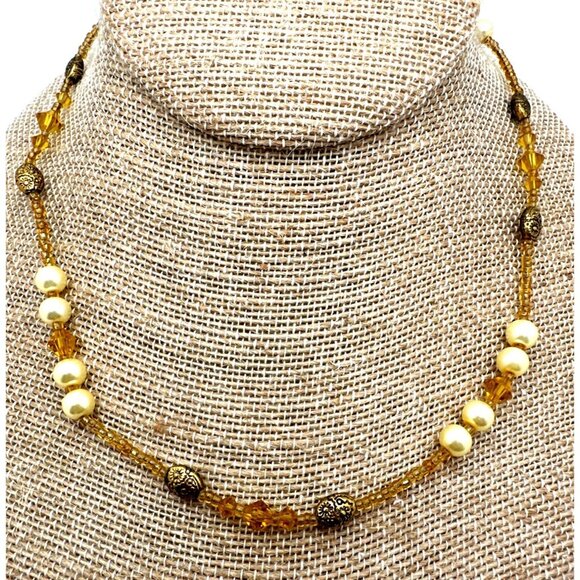 Vintage Simulated Pearl Necklace Amber Color Glass Beads Toggle Clasp - Picture 1 of 7